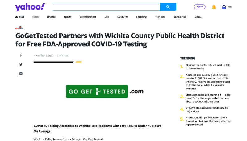 GoGetTested Partners with Wichita County Public Health District or Free FDA-Approved COVID-19 Testing screen shot
