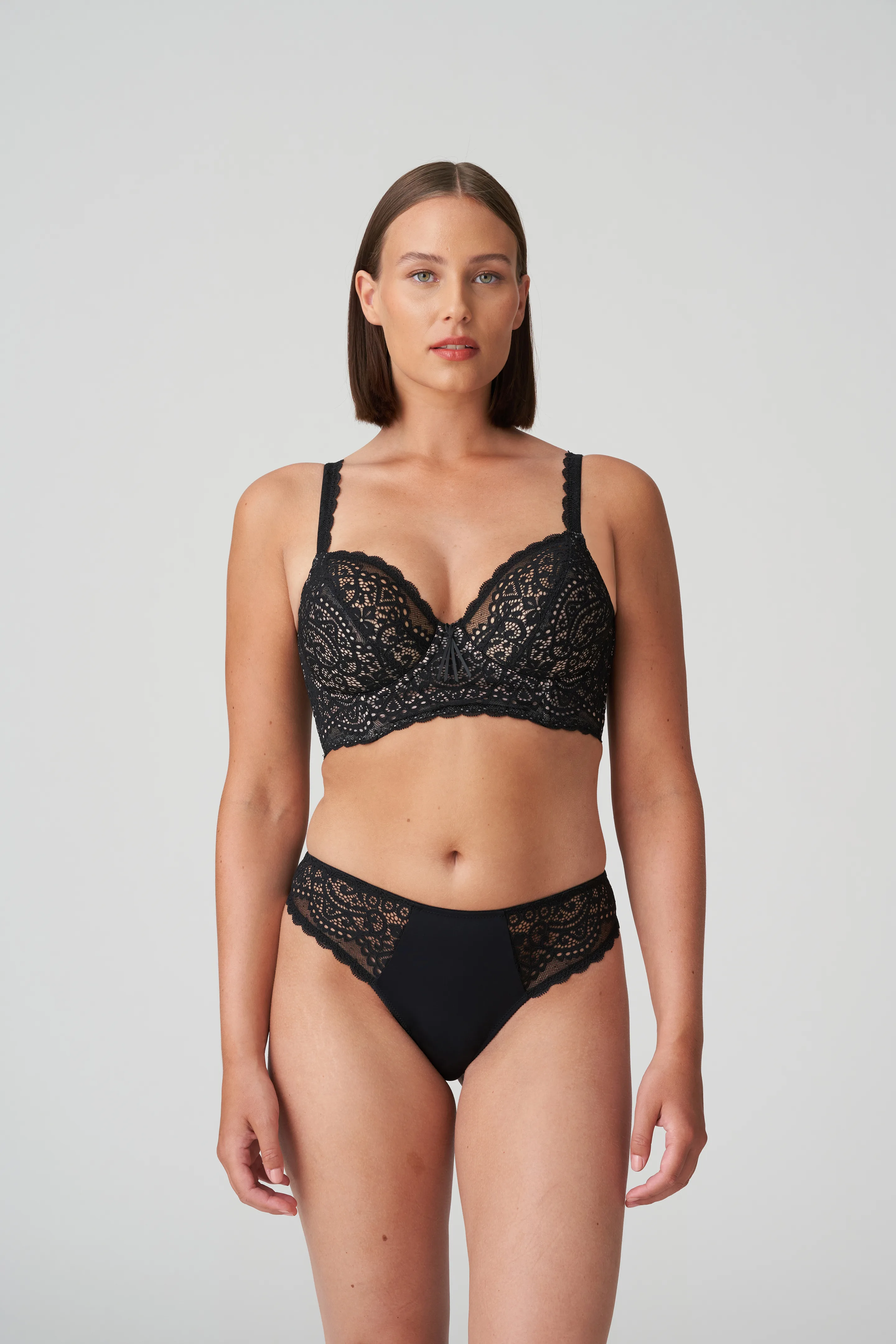 Curves Black Satin Lace Trim Plunge Bra