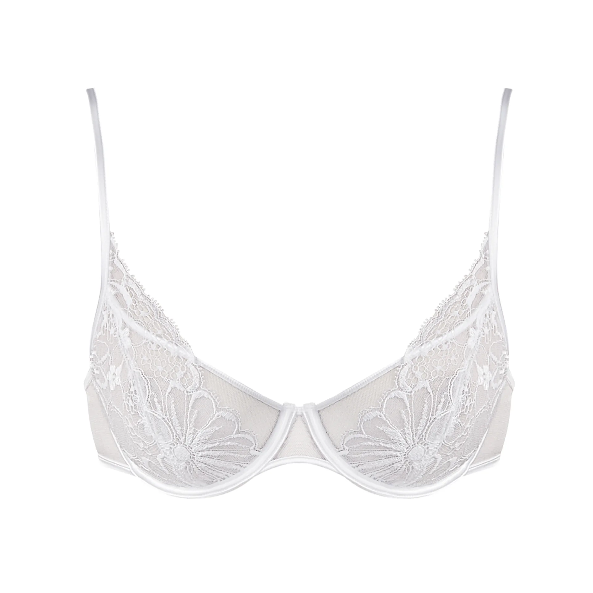 Off-white padded push-up bra with Leavers lace trim