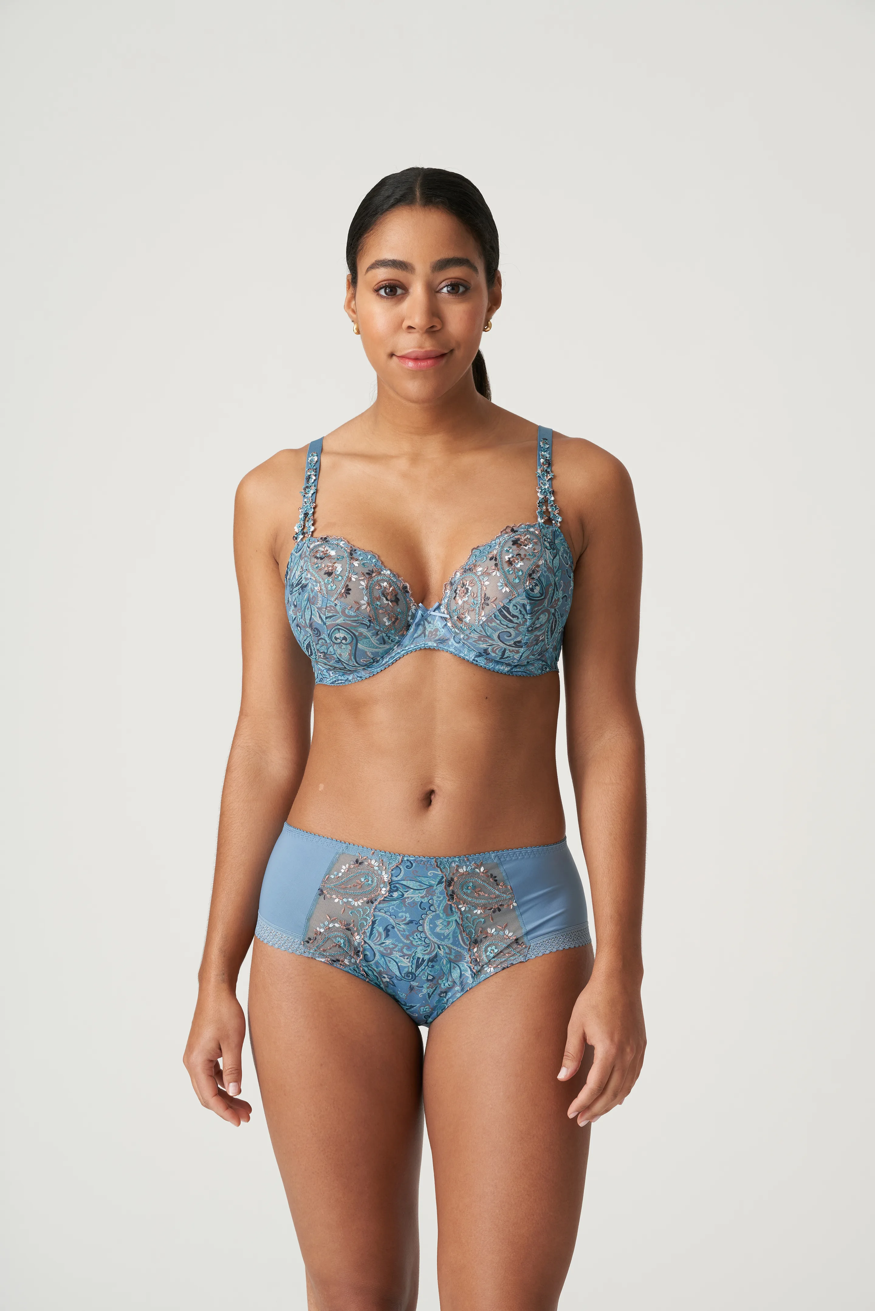 Floral Embroidered Balcony Bra - Blue