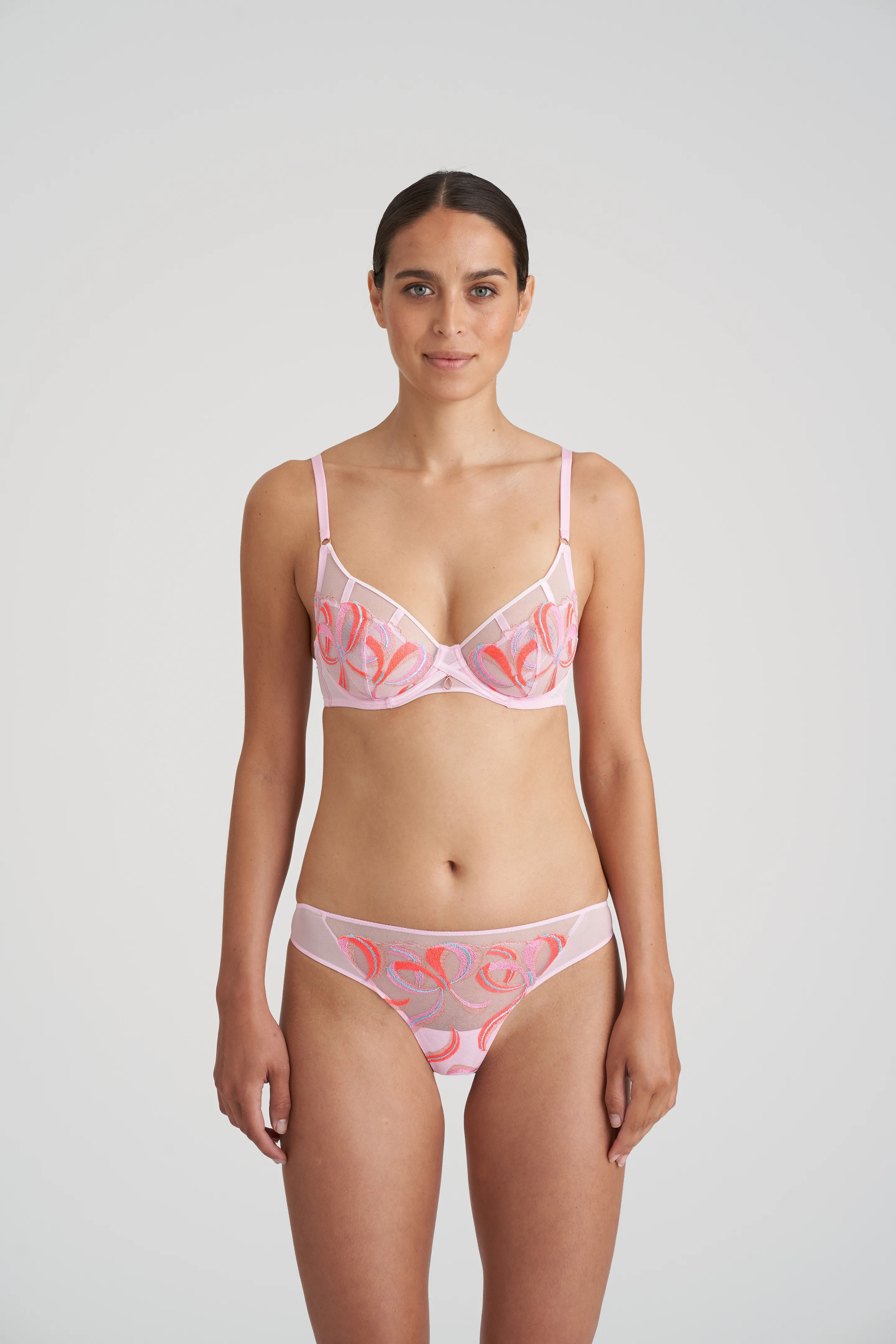 Lightly Lined Embroidered Mesh Bra - Pink Floral Embroidery