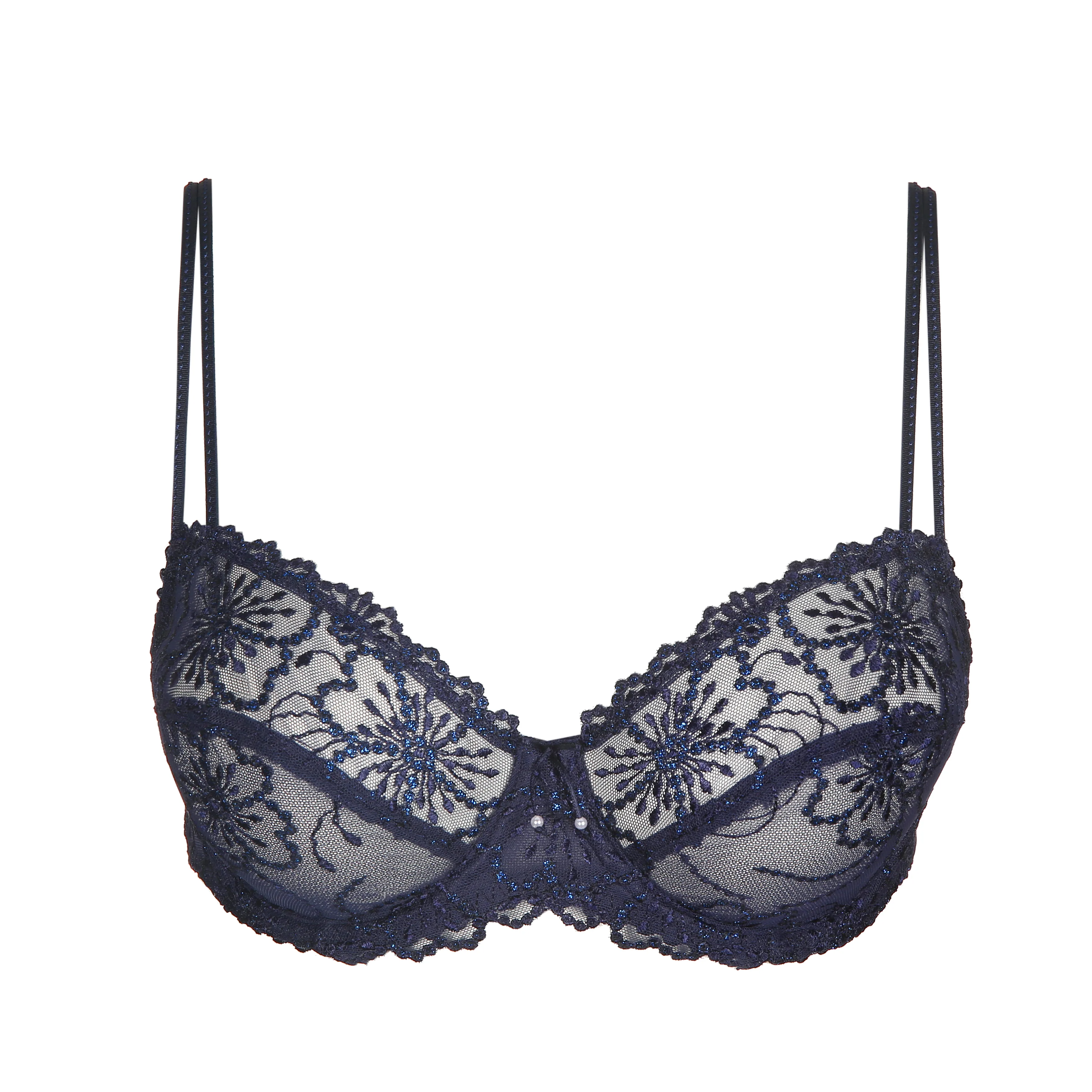 Floral Embroidered Balcony Bra - Blue