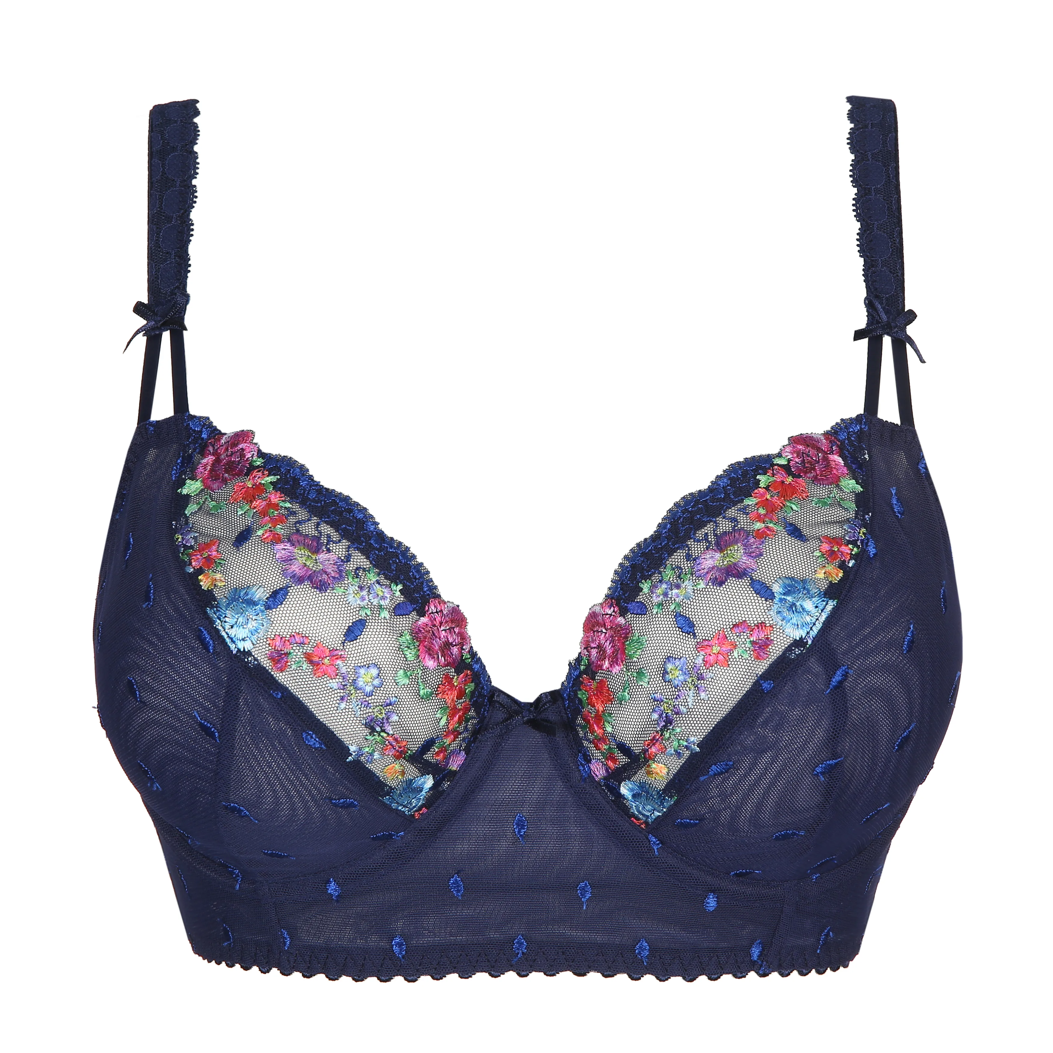 Comfortable blue floral-embroidered plunging underwire low-necked