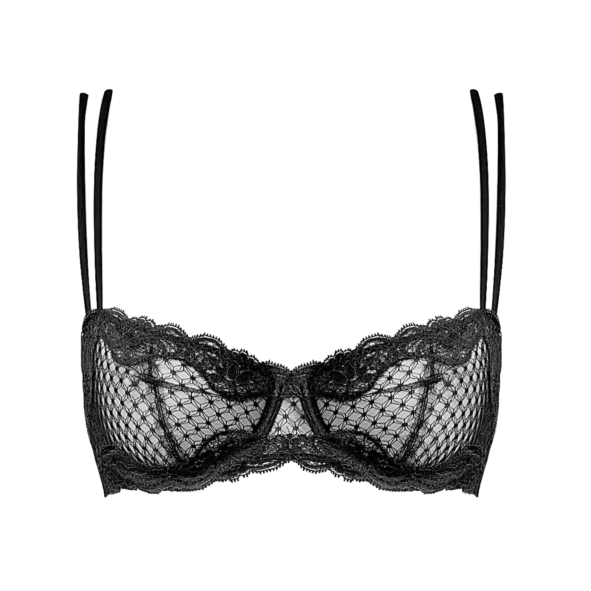 Transparent Lace and Mesh Balcony Underwired Bra Black - Plus Size