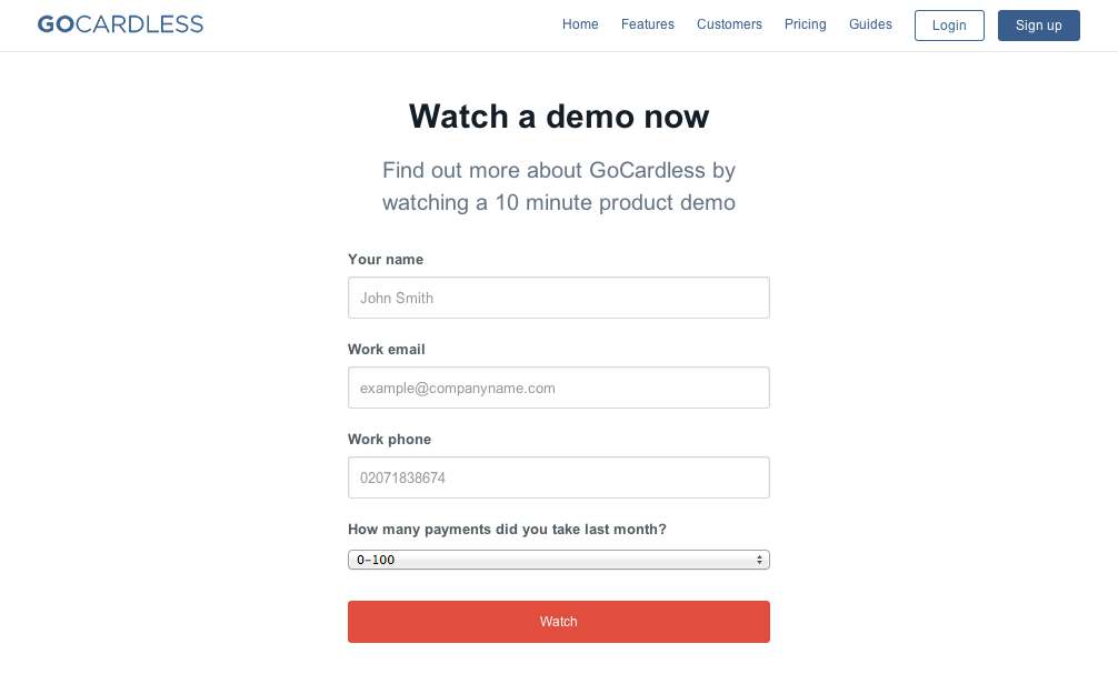 GoCardless Requesting a Demo Page with Watch Copy