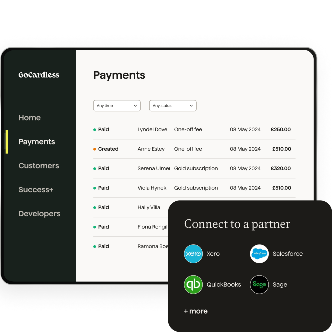 A list of payments with their status, and the logos of the key partners you can use (Xero, Quickbooks, Salesforce, Sage)