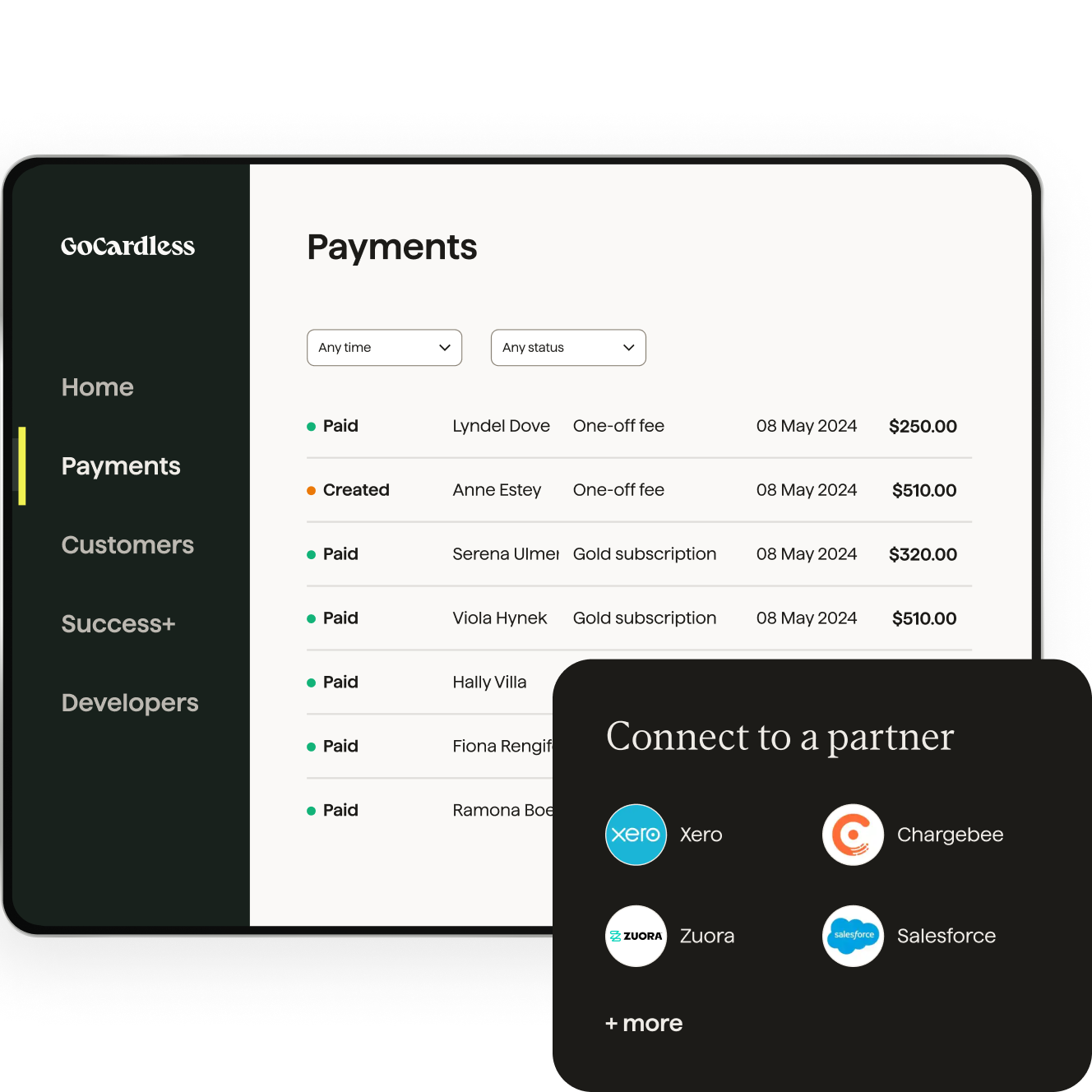 A list of payments with their status, and the logos of the key partners you can use (Xero, Quickbooks, Salesforce, Sage)