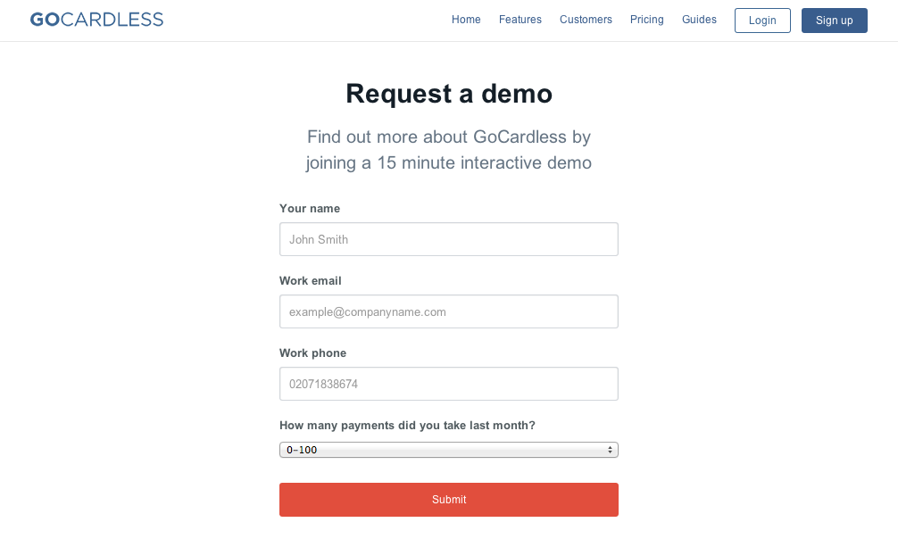 GoCardless Demo Page with Request Copy