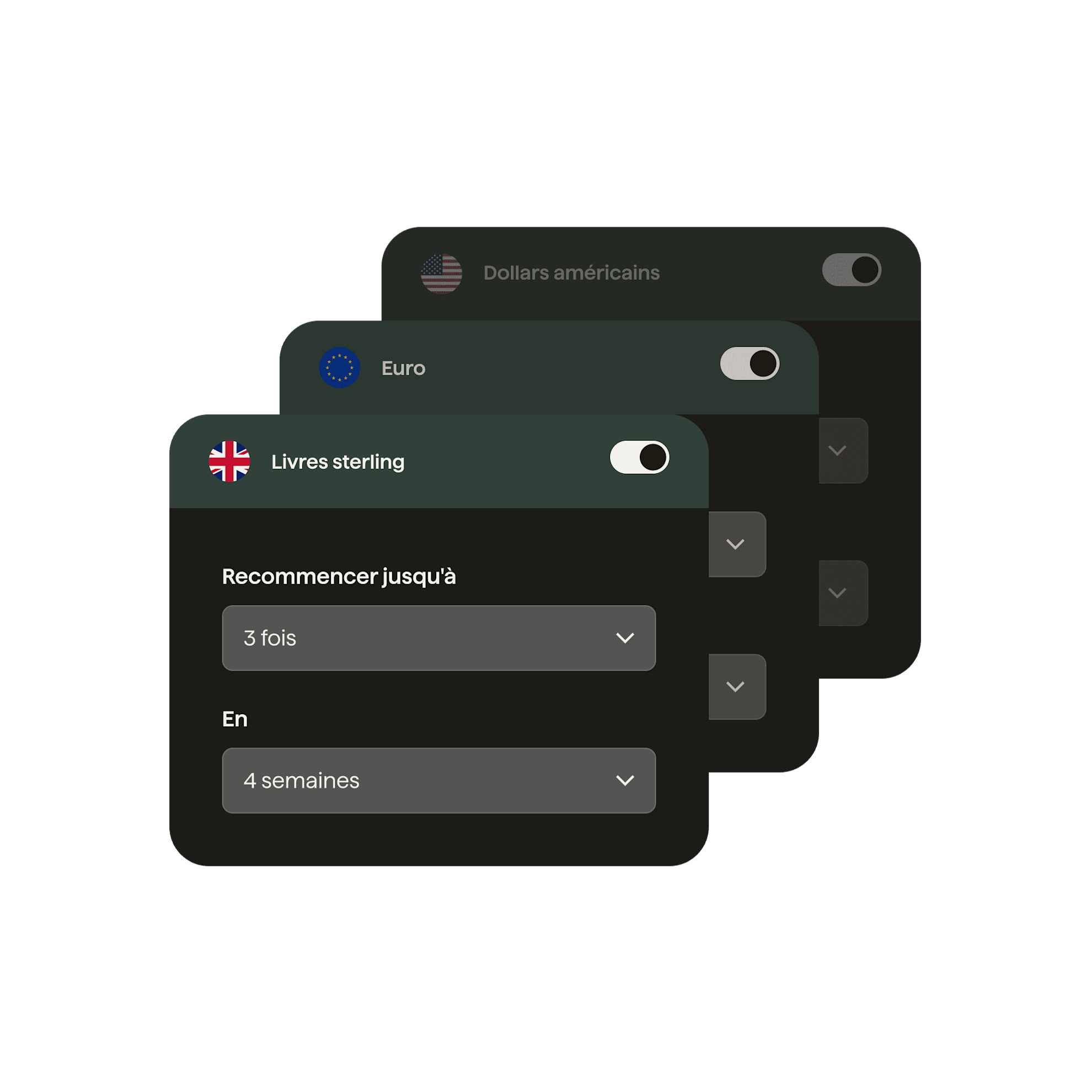 Dans le tableau de bord ou l’API GoCardless, sélectionnez le nombre de représentations de paiement et le délai qui vous convient