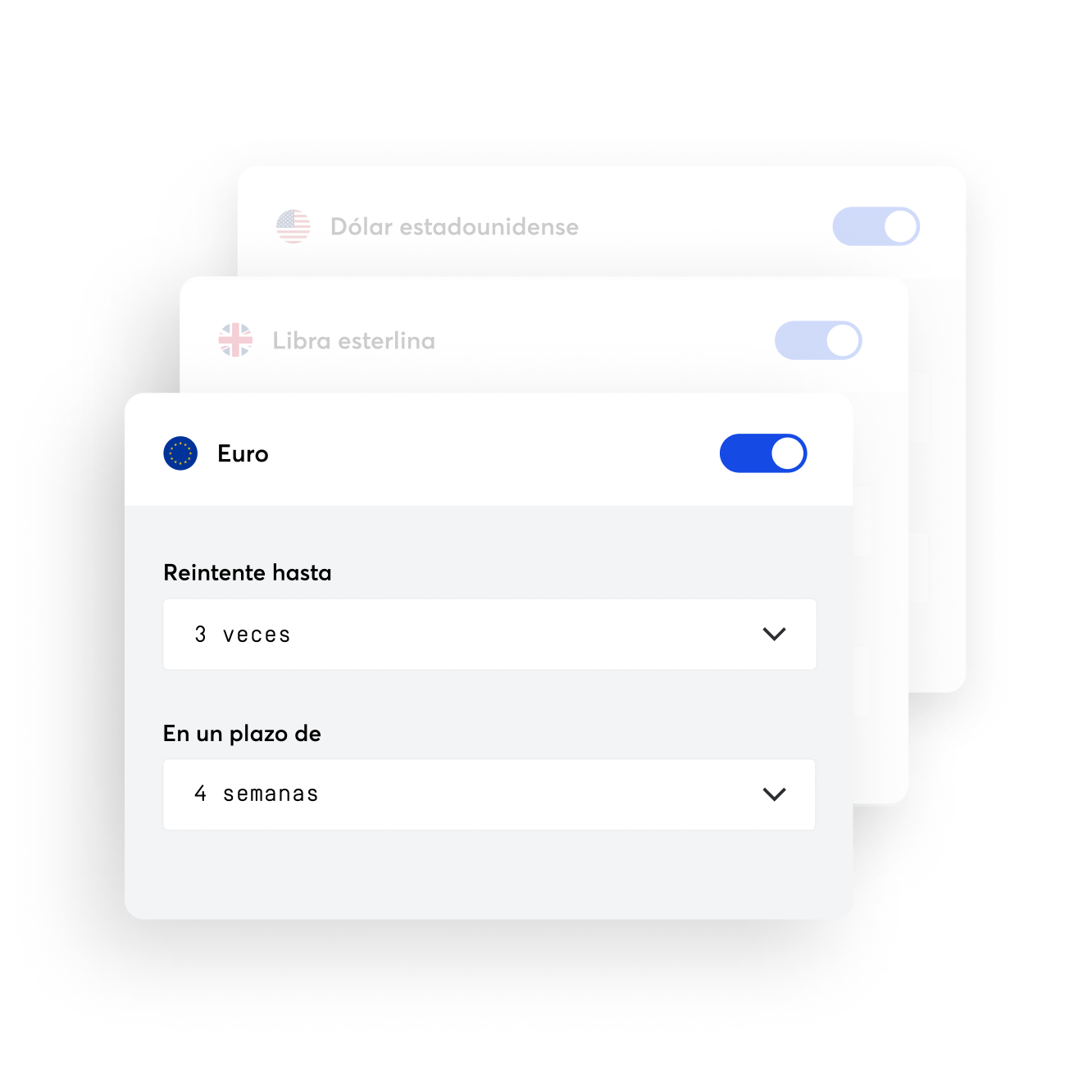 En el panel de control de GoCardless o en la API, seleccione el número de reintentos de pago y el plazo que le convenga