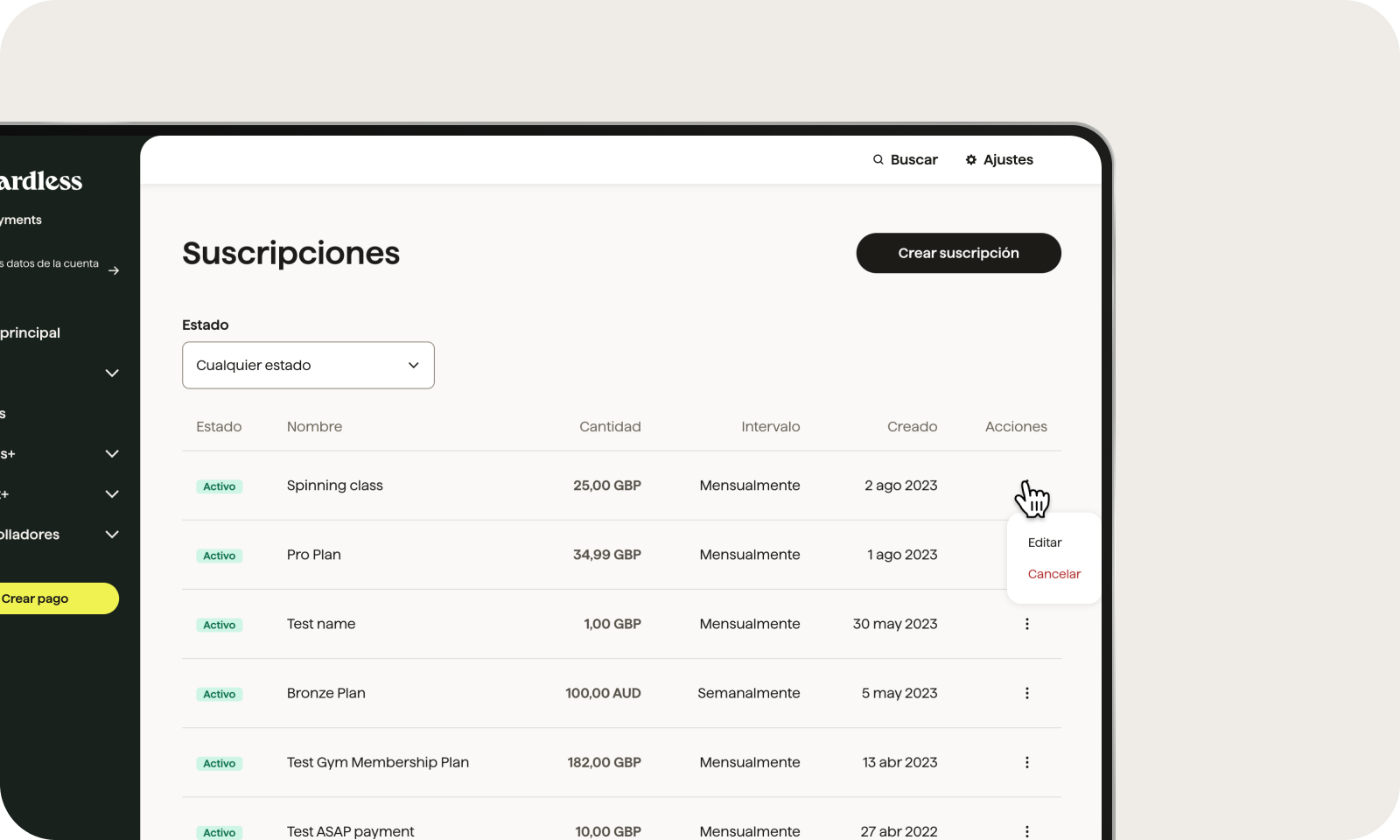 Subscriptions dashboard