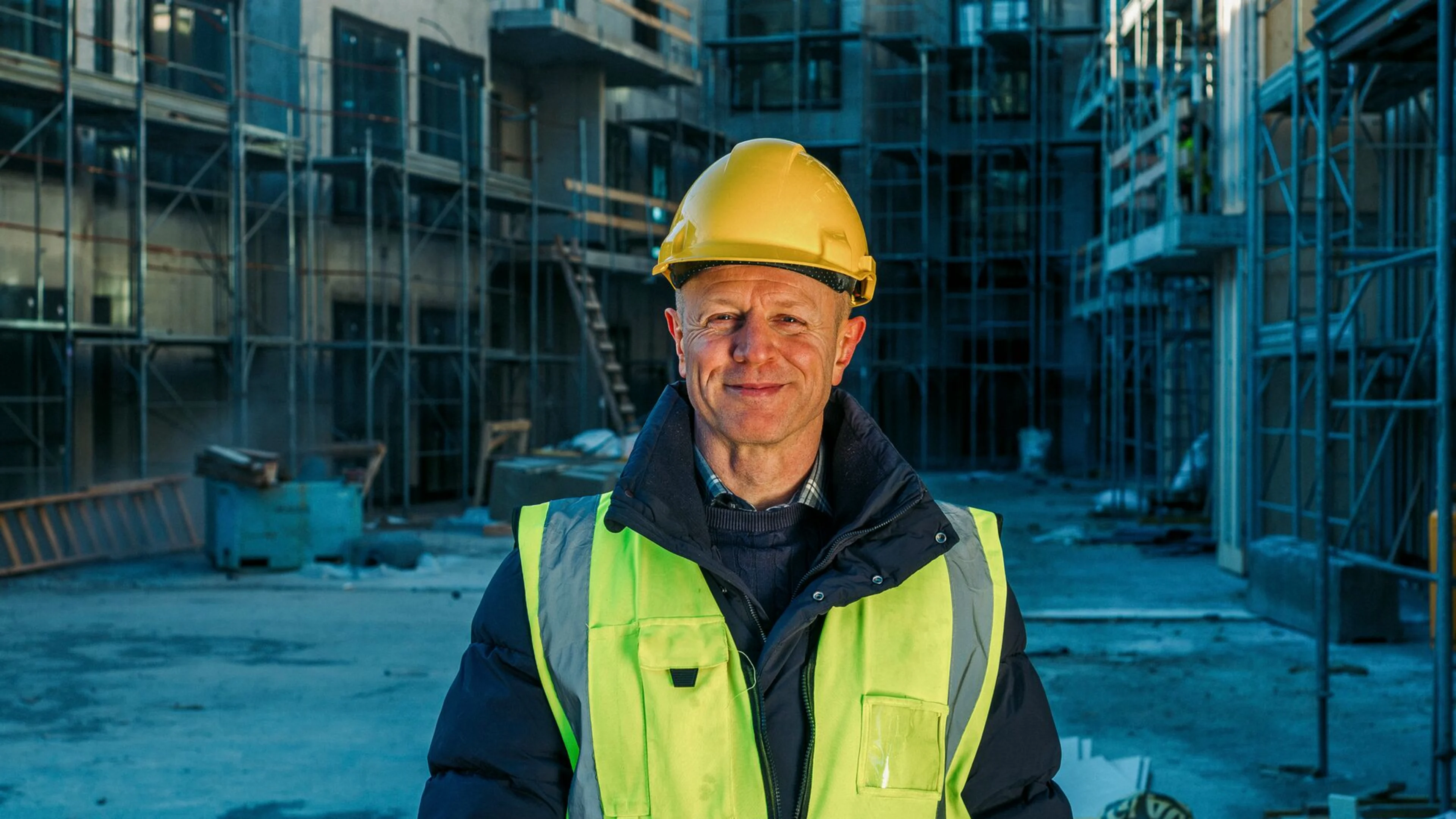 Verktaki á byggingarsvæði brosandi