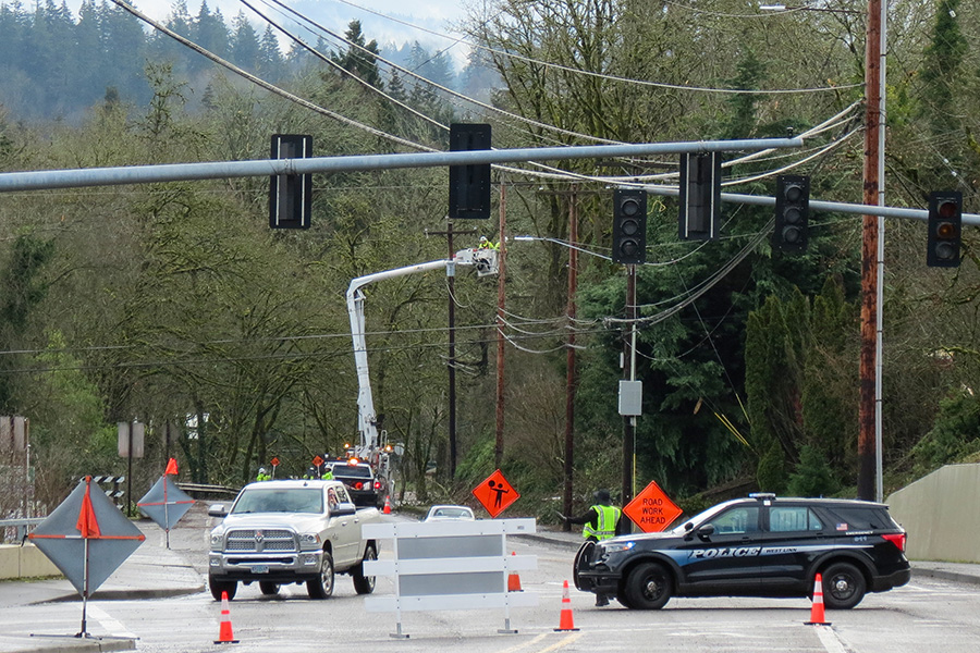 Crews work to restore lines in West Linn. Thanks to our partners and the West Linn police department for keeping our crews safe.