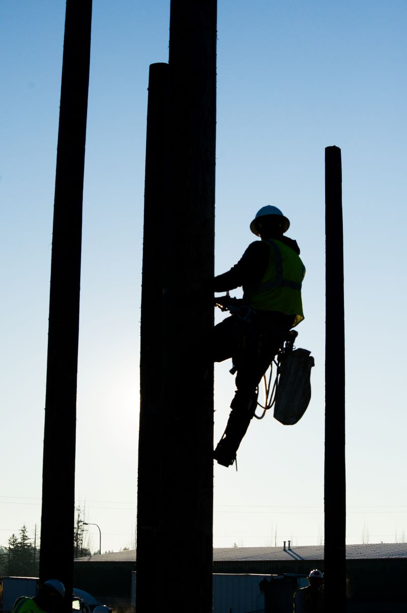 One PGE pre-apprentice climbs a power pole during a line crew training event