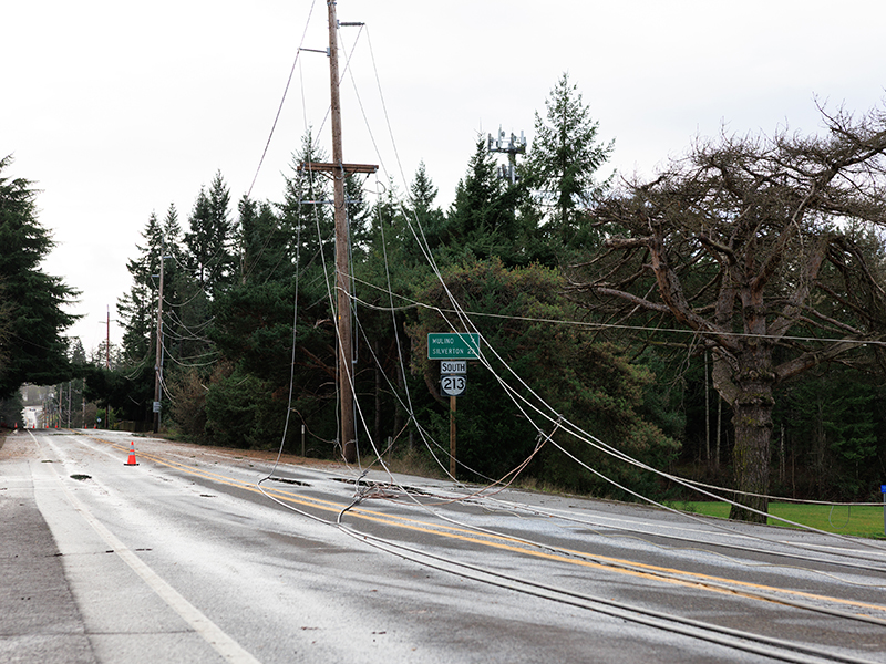 PGE line crews work to restore power near Oregon City, Ore., following an overnight wind event on Dec. 17, 2025 that left thousands of customers without power.