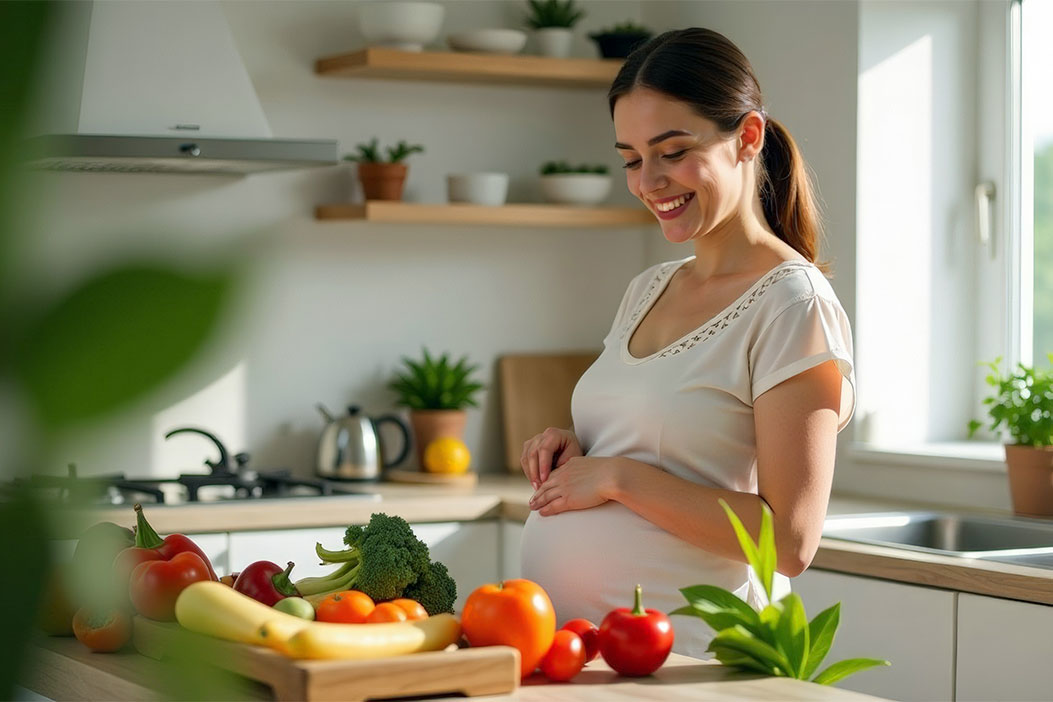 Embarazada en la cocina frente a verduras varias