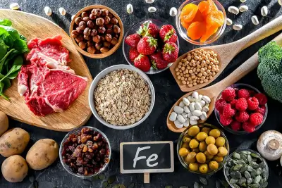 Alimentos ricos en hierro como carne, legumbres, frutas y semillas.