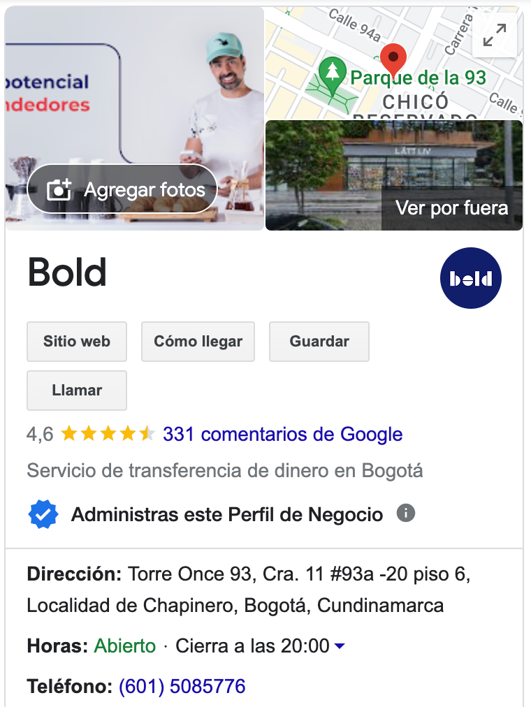Imagen del perfil de google my business de bold.co