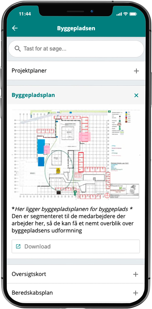 Bygge medarbejder med hjelm app dokument byggepladsplan