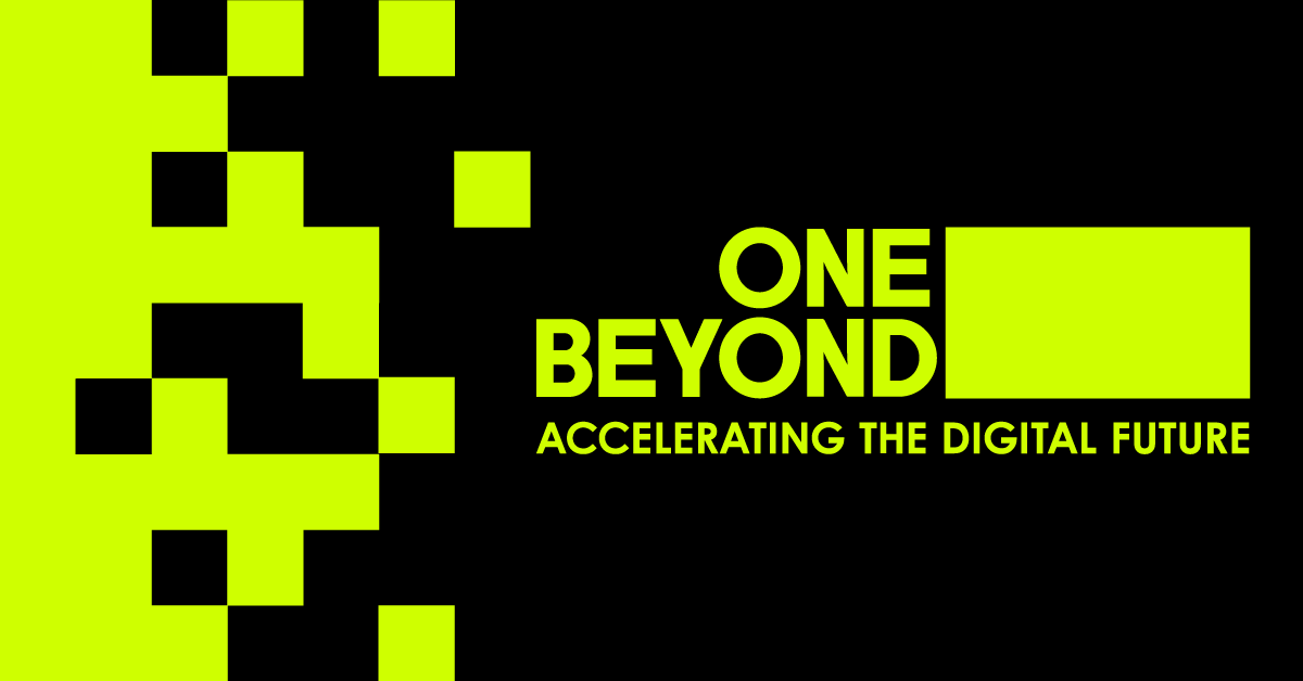 One Beyond logo in a bright green color over a black background and a slogan that read accelerating the digital future Source: One Beyond