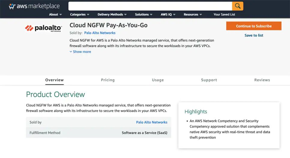 Palo Alto Networks Cloud NGFW in AWS Marketplace