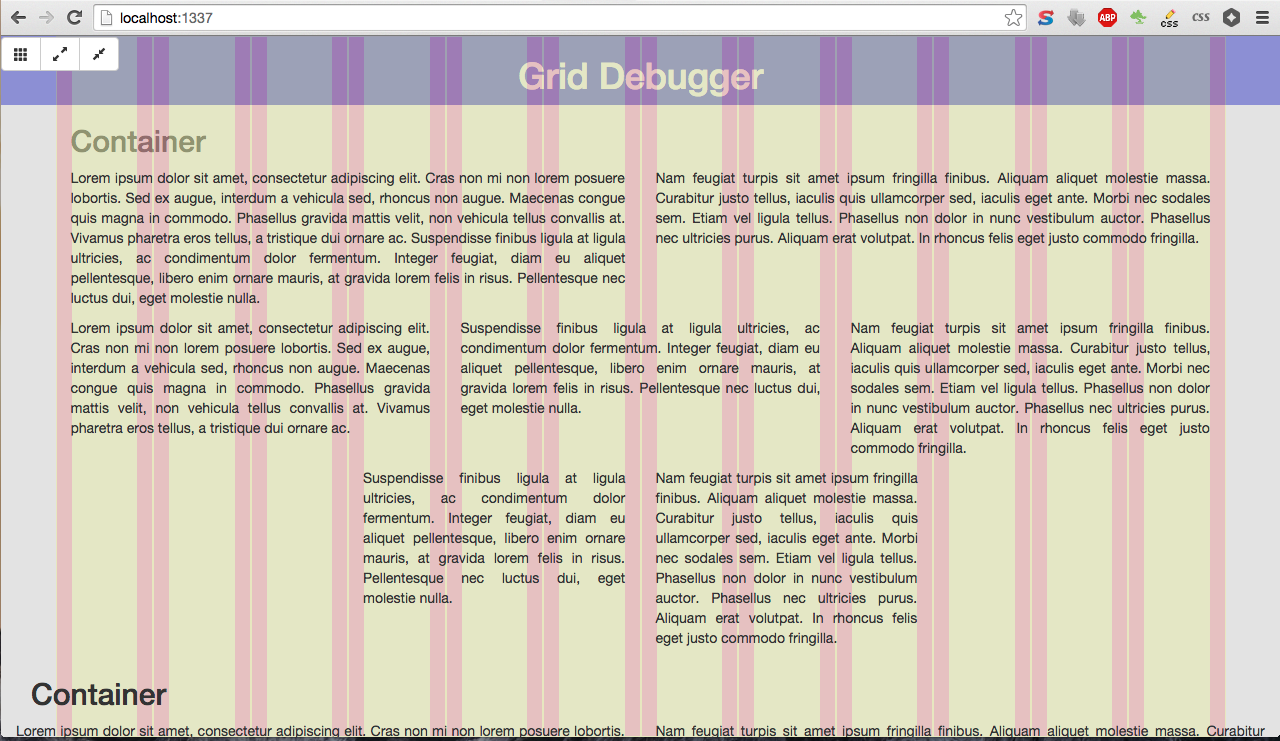 Grid debugger custom tool for responsive development of content with containers