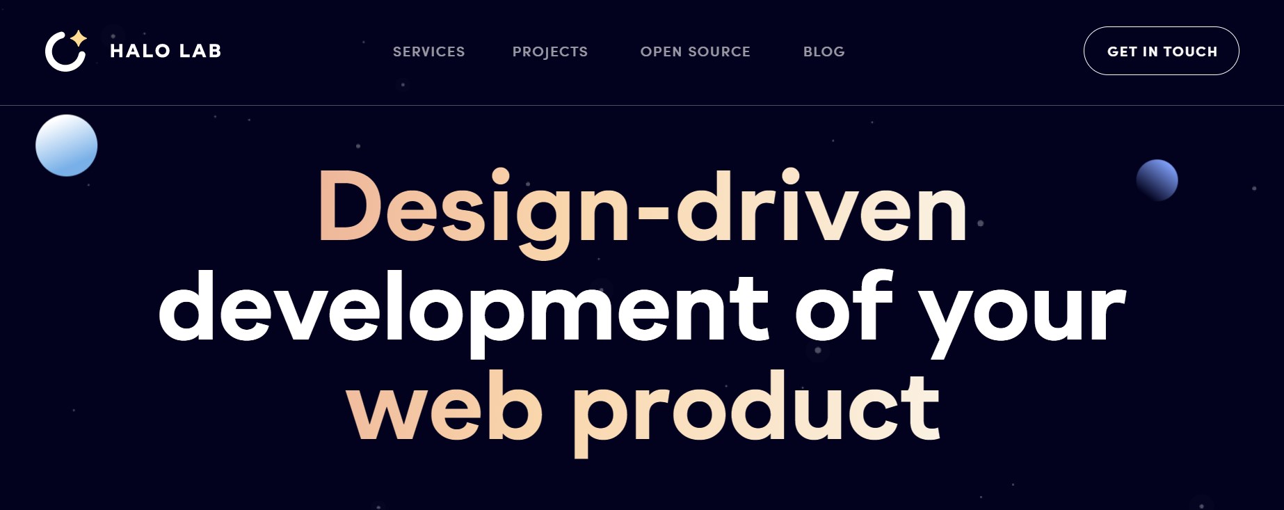Halo Lab software development company hero image with slogan that reads: design-driven development of your web product