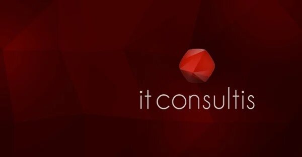 IT Consultis development company logo over a textured red background