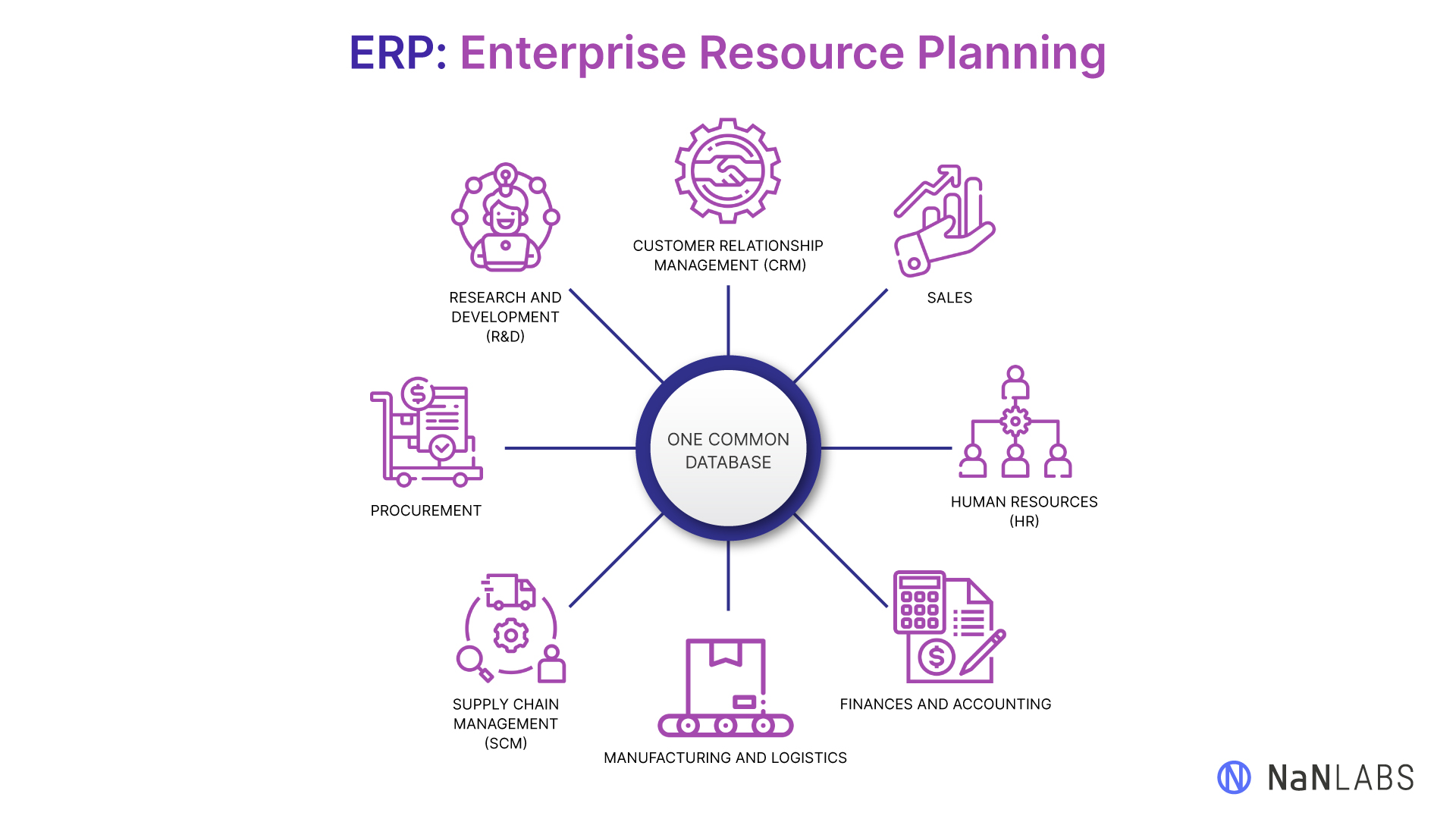 Diagram showing a common database powering different elements of an enterprise resource planning system, like human resources and customer relationship management.