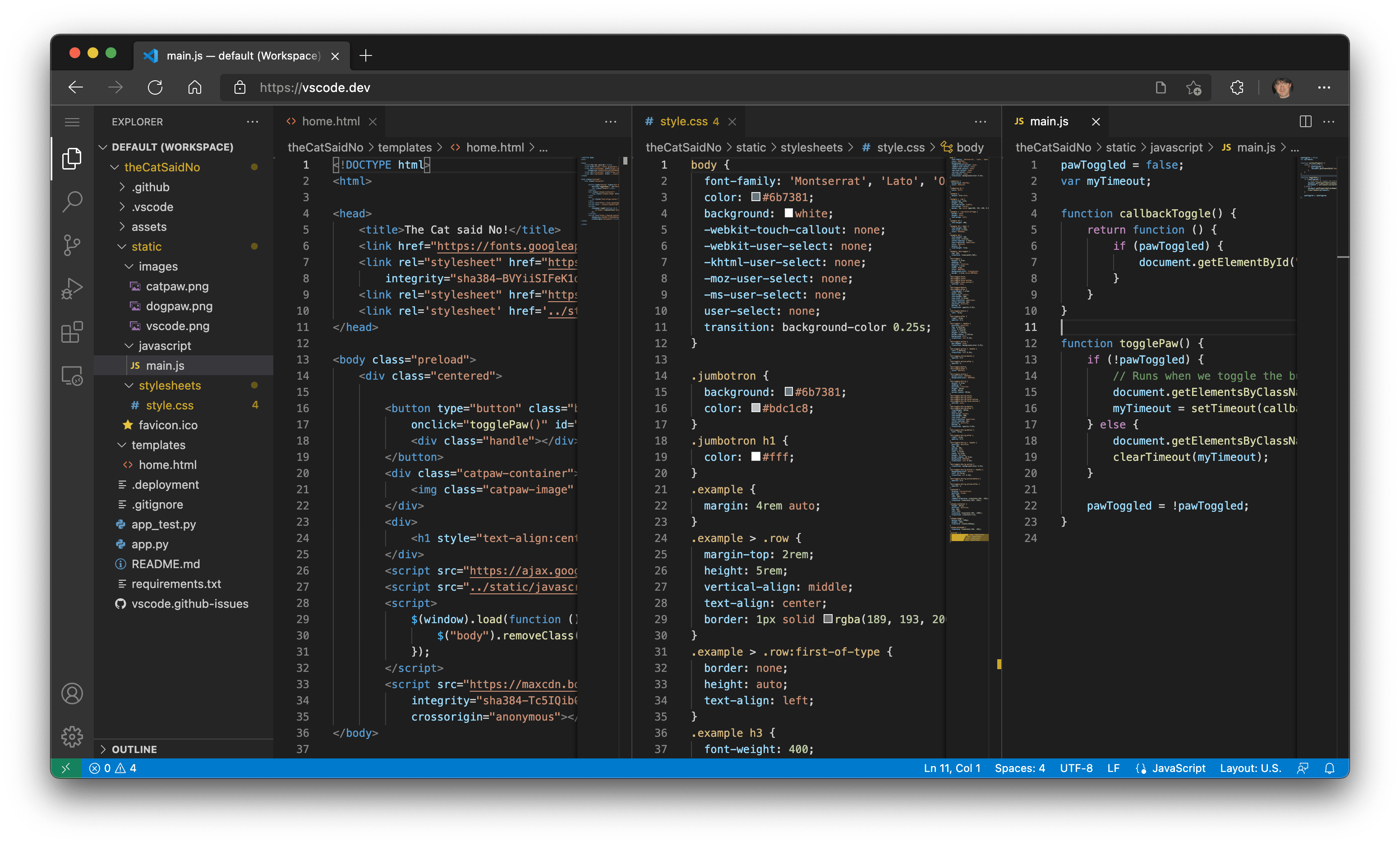 Screen showing three columns of code on VS Code Node.js development tool