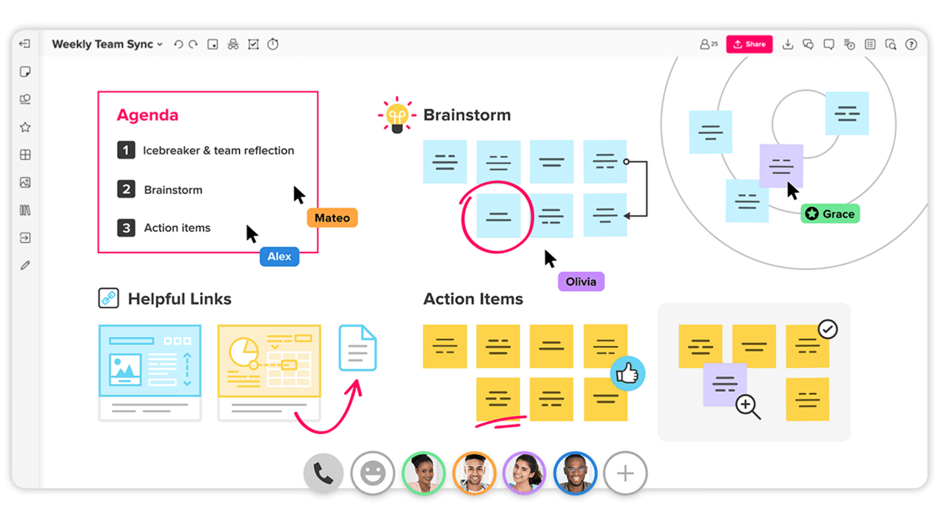 This MURAL screenshot shows some of the different ways you can use the platform for. Users can transform its whiteboard into meeting agendas, brainstorming notes, Agile development dashboards, Kanban boards, and more.