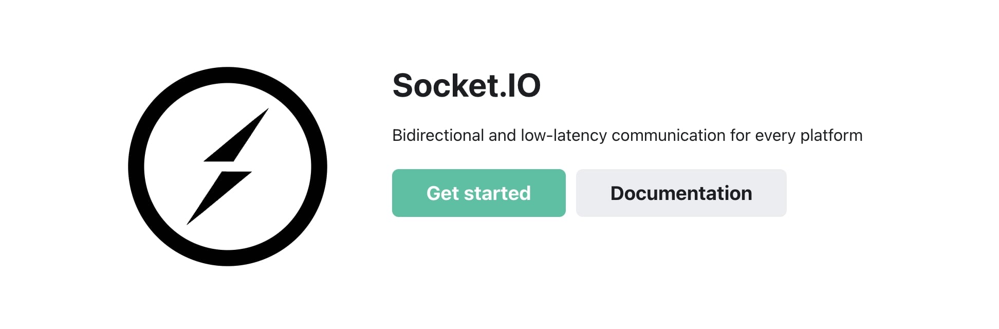 The Socket.IO lightning bolt logo and “Get started” page 