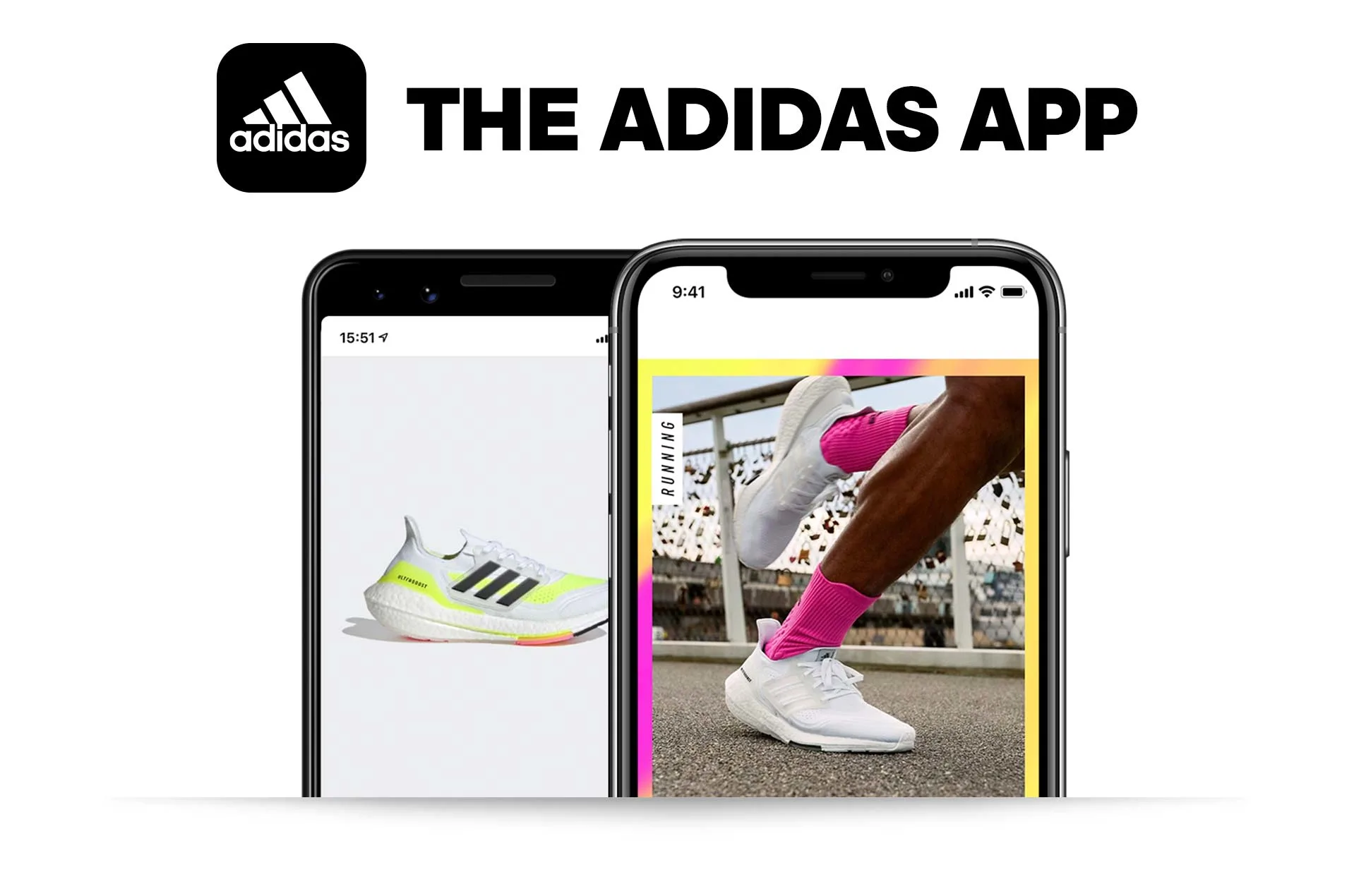 Two cell phones showing photos of sneakers in the Adidas app made in Nest.js.