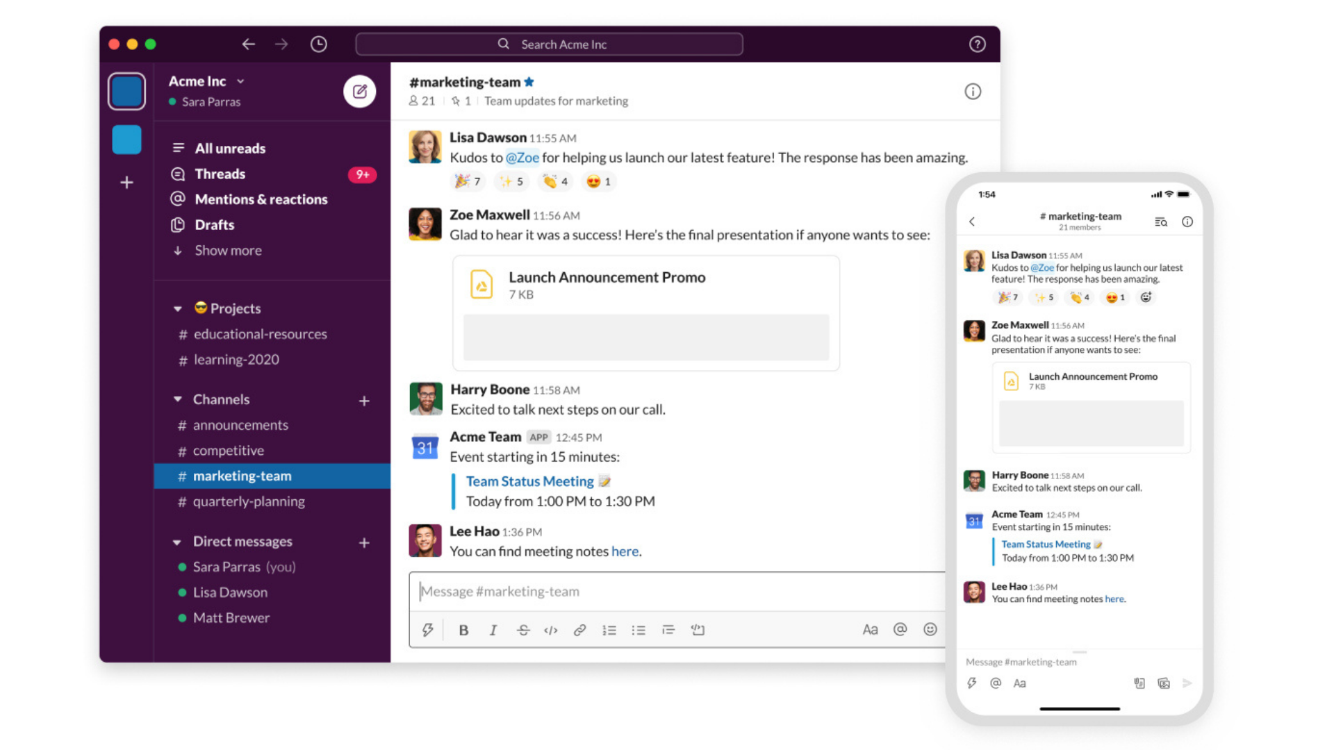 This Slack screenshot shows the different ways teams can communicate and organize their messages in the desktop or mobile app