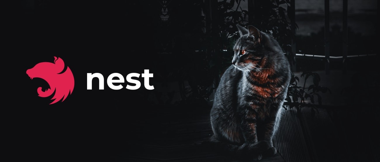 A black cat looking at the red lion crest of the Nest.js logo