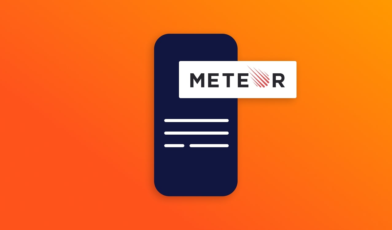 A mobile device against an orange backdrop with the Meteor.js logo