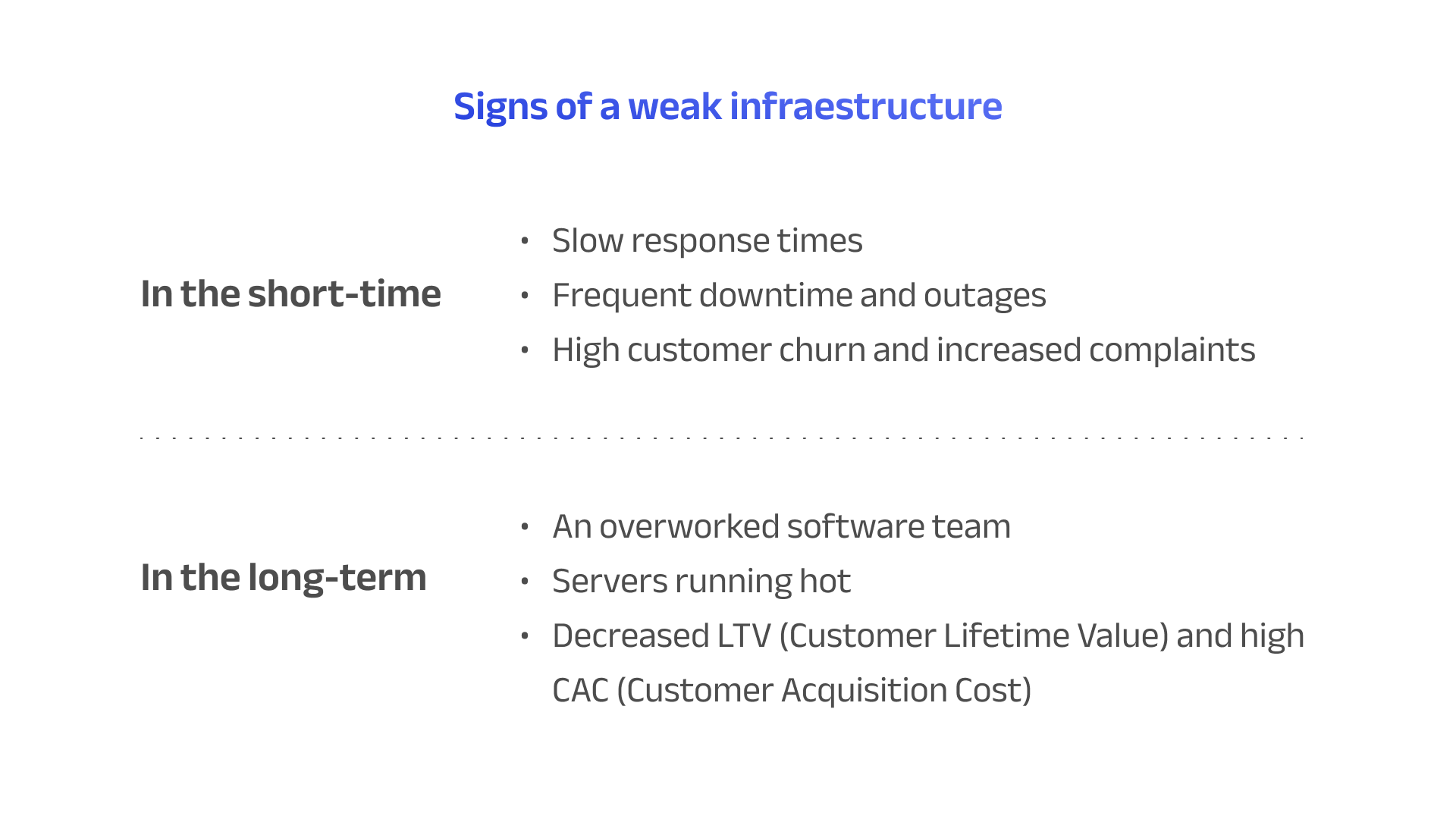 Infographic showing short and long-term signs of an unscalable infrastructure