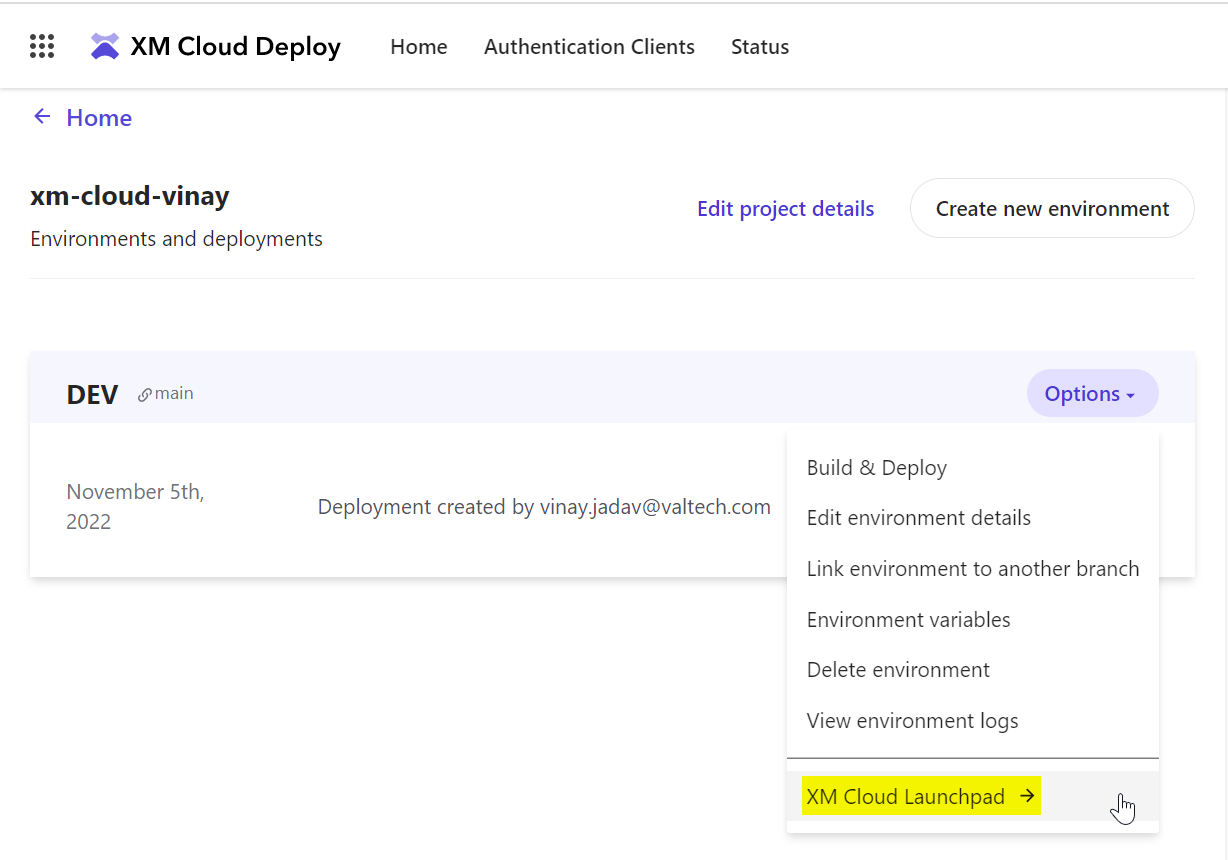 Link to XM Cloud Launchpad for your project