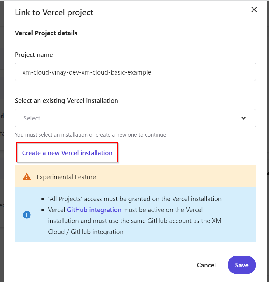 XM Cloud - Vercel Installation Popup