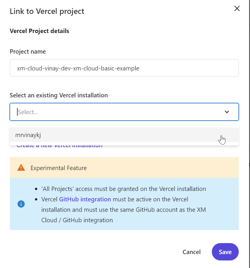XM Cloud - Select Vercel Account