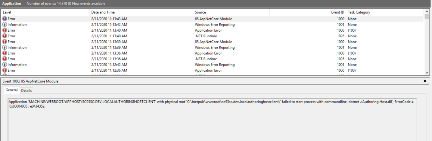 Event Log for the Sitecore Horizon Error