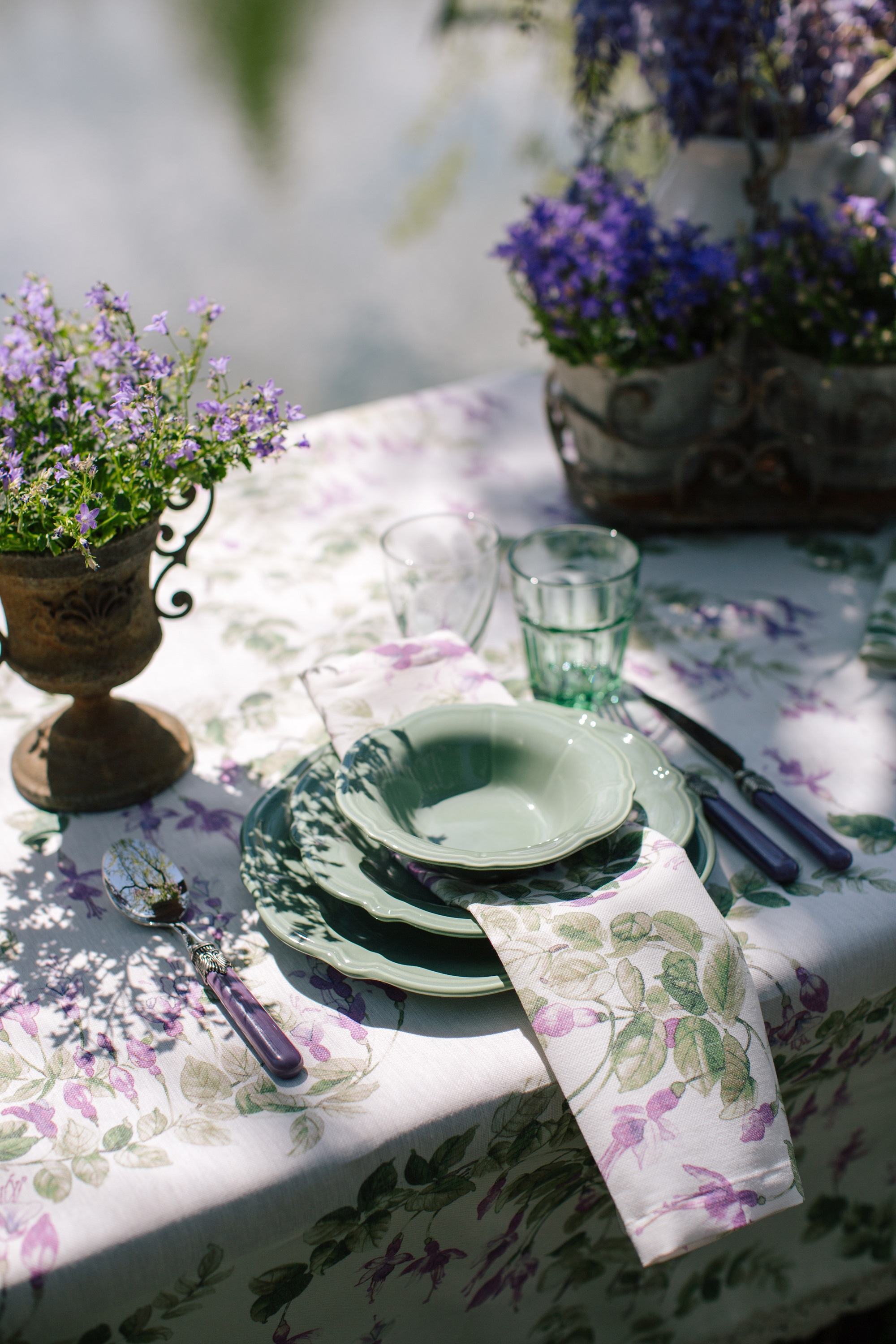 floral patterned table cloth and plates
