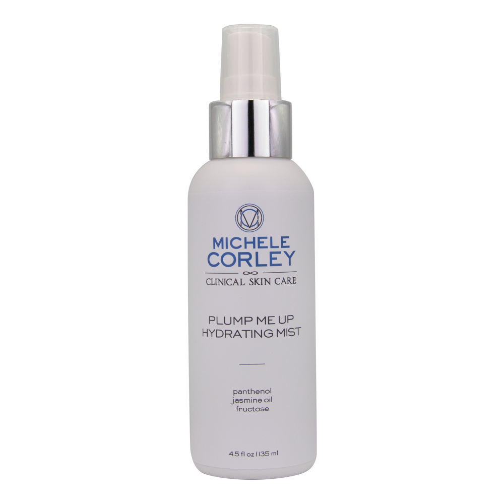Michele Corley Plump Me Up Hydrating Mist in retail size bottle with mister lid.