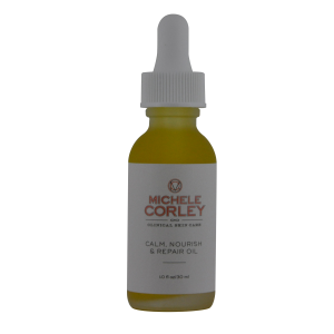1oz/ 30ml of Calm, Nourish & Repair Oil in retail size frosted glass with pump lid.