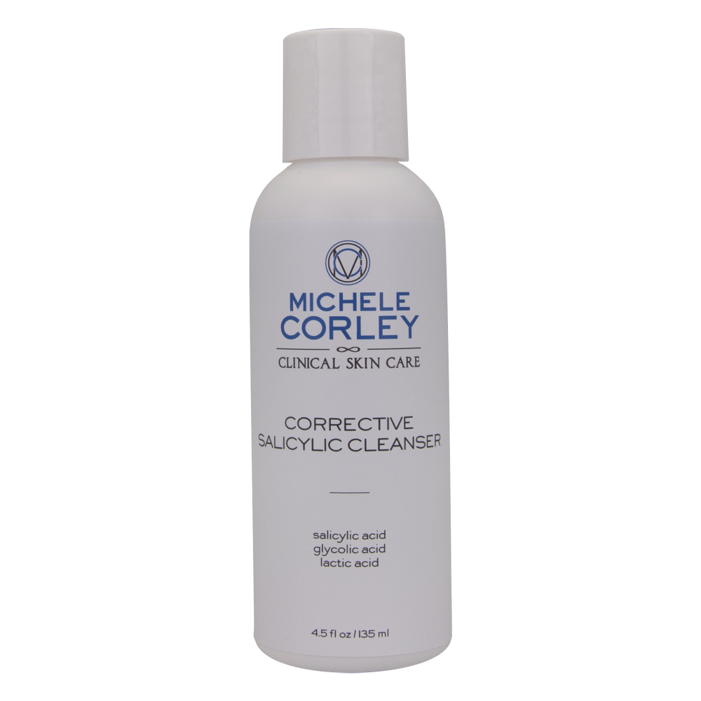 Michele Corley Corrective Salicylic Cleanser in retail size bottle with flip lid.