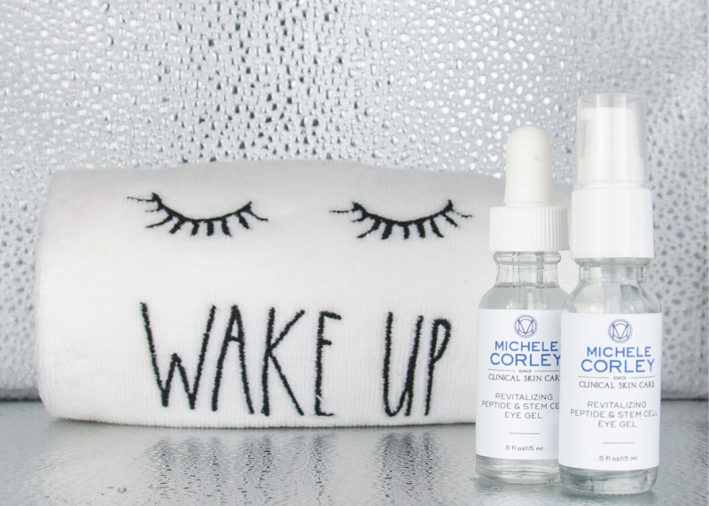 Michele Corley Clinical Skin Care Eye Gels in front of a white towel.