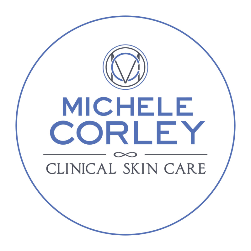 Michele Corley Clinical Skin Care circle logo in blue.
