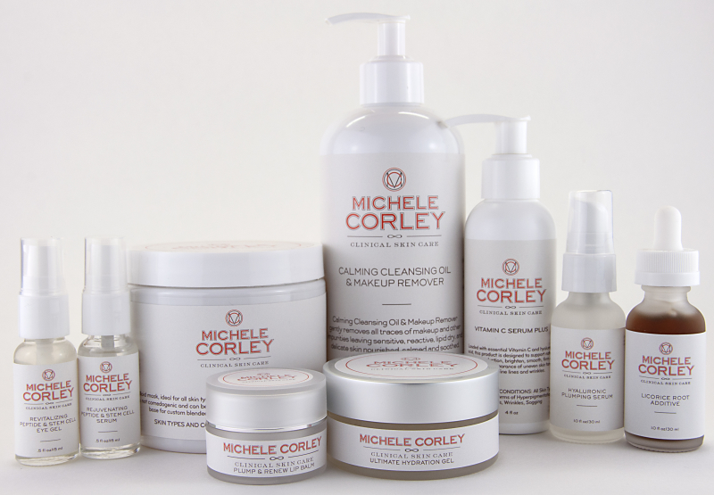Set of Michele Corley Clinical Skincare Products grouped together.