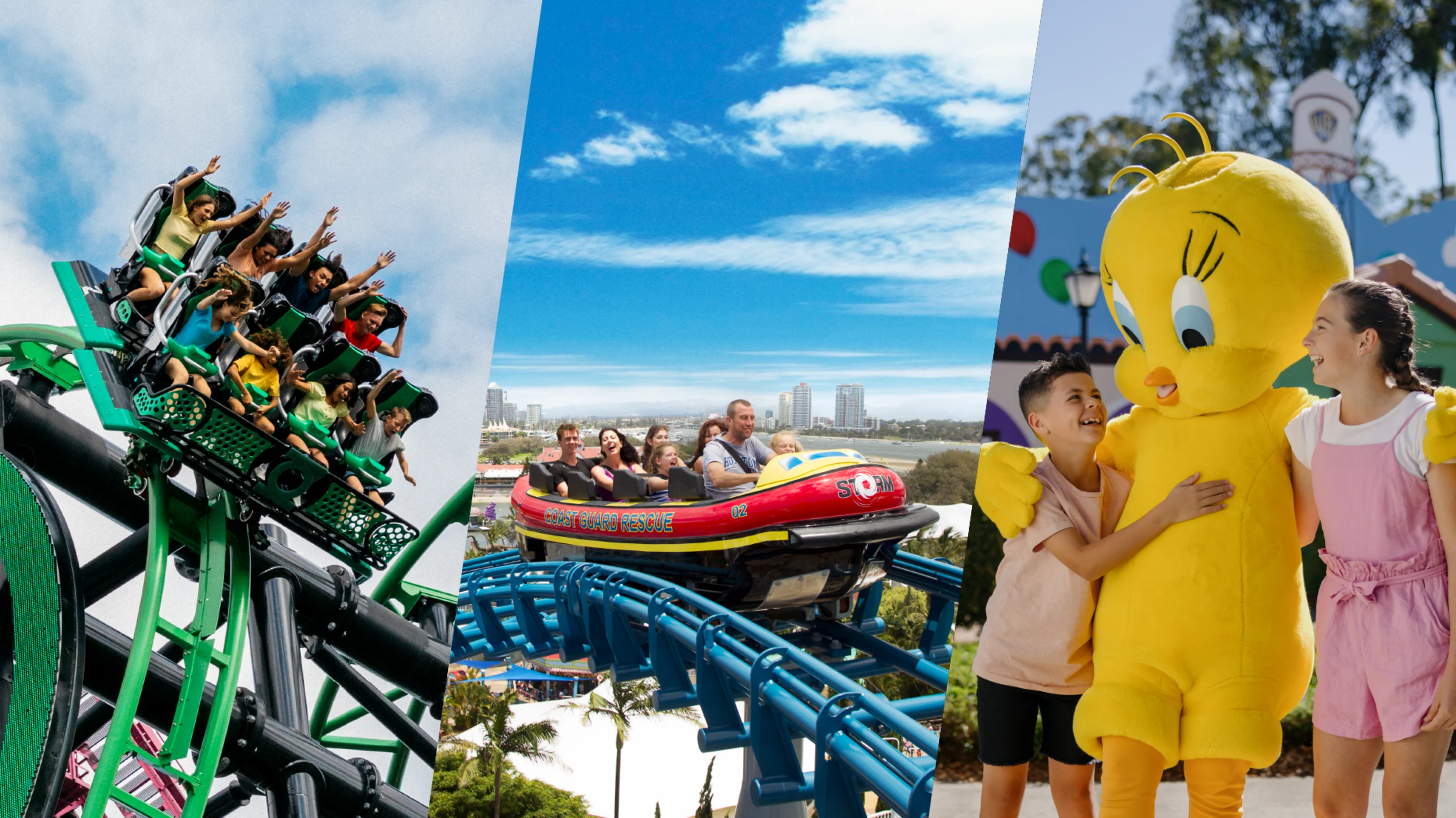 Collage of Green Lantern Coaster at Warner Bros. Movie World, Storm Coaster at Sea World, and two children hugging Tweety Bird at Warner Bros. Movie World.