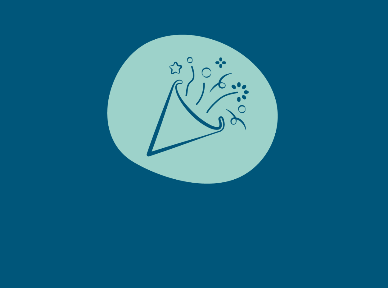 Illustration of a party popper releasing confetti and streamers, set against a teal background with a light blue oval behind the popper.
